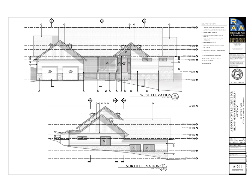 Architectural drawing of a building's west and north elevations showing detailed structural design.