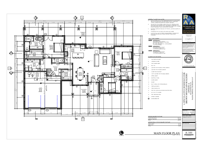 Architectural blueprint of a house main floor plan with rooms, furniture, and measurements.