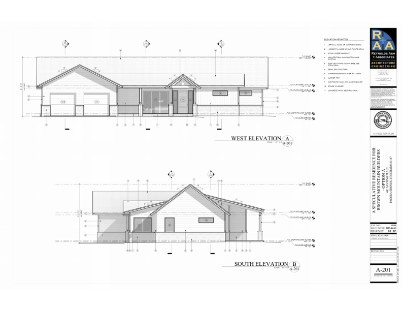 Architectural blueprint showing the west and south elevations of a residential building with garage doors, windows, and roof lines.