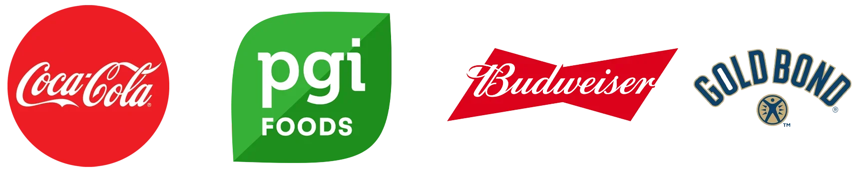 Logos of Coca-Cola, PGI Foods, Budweiser, and Cold-Bone on a white background.