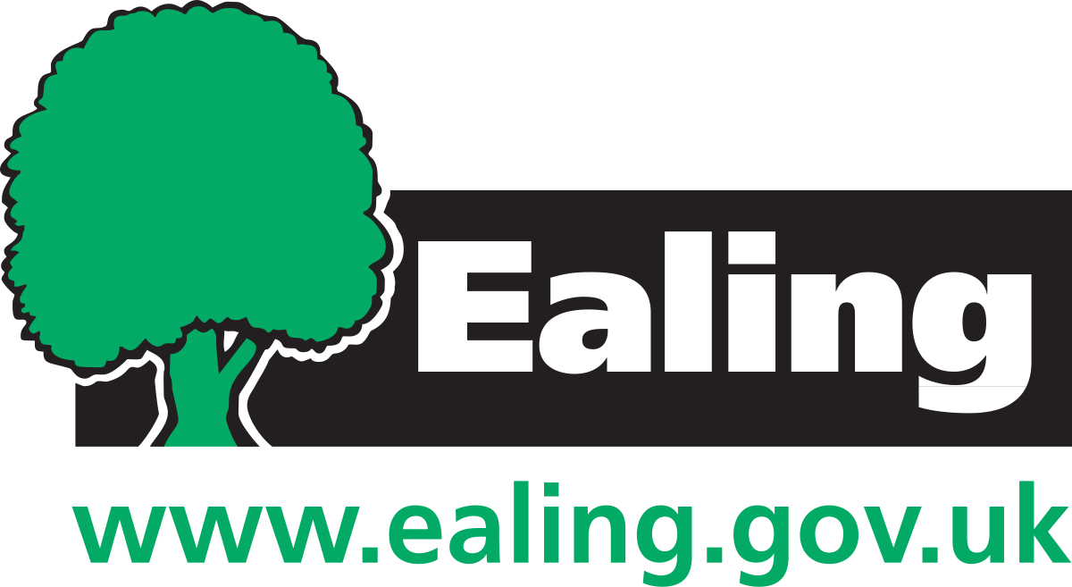 Logo for Ealing with a green tree on the left and the text "Ealing" in large white letters to the right. Below it, the website address "www.ealing.gov.uk" in green.