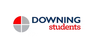 Logo of Downing Students with a circular pie chart and text.