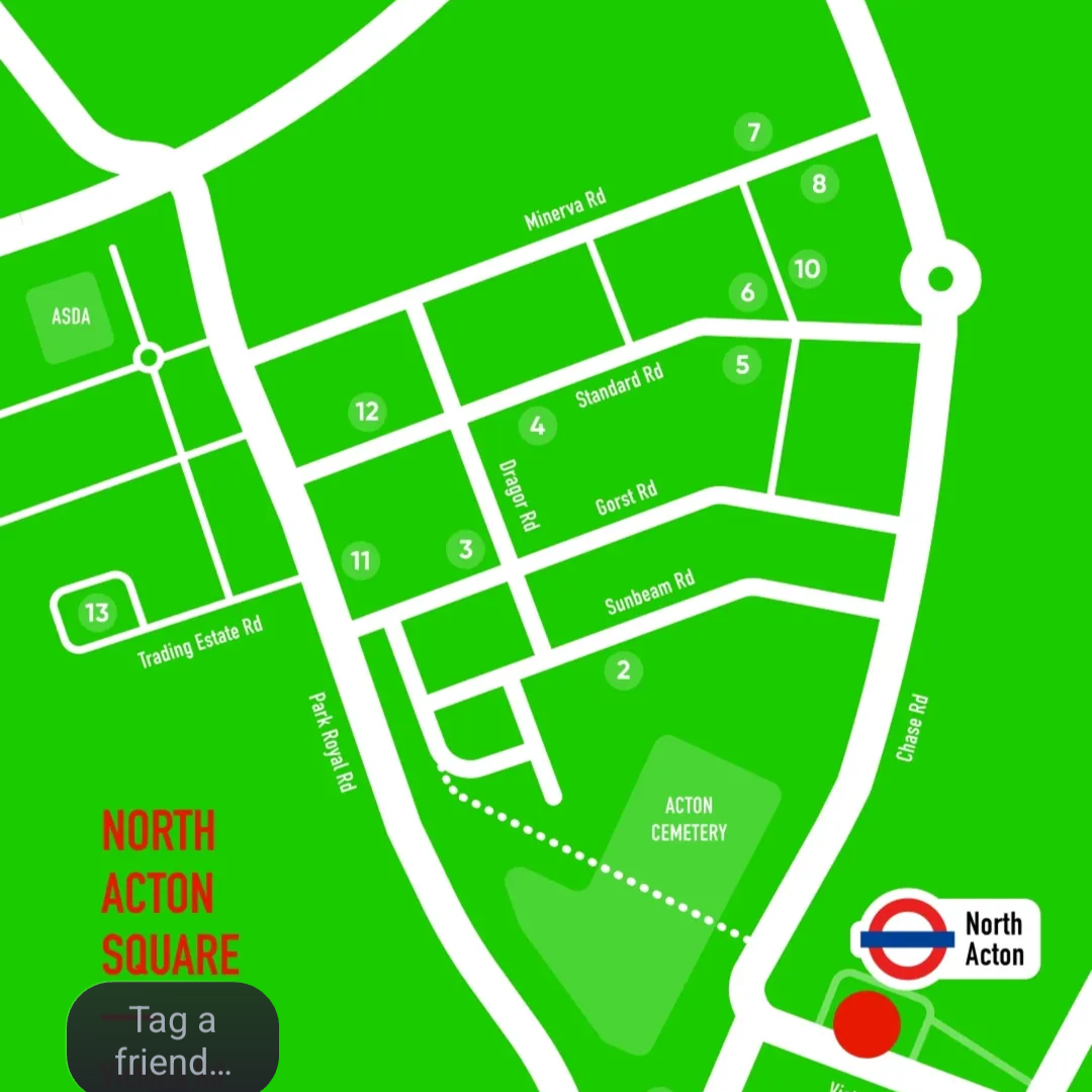 Map of North Acton with streets, parks, and landmarks, including Acton Cemetery, North Acton Station, and ASDA.