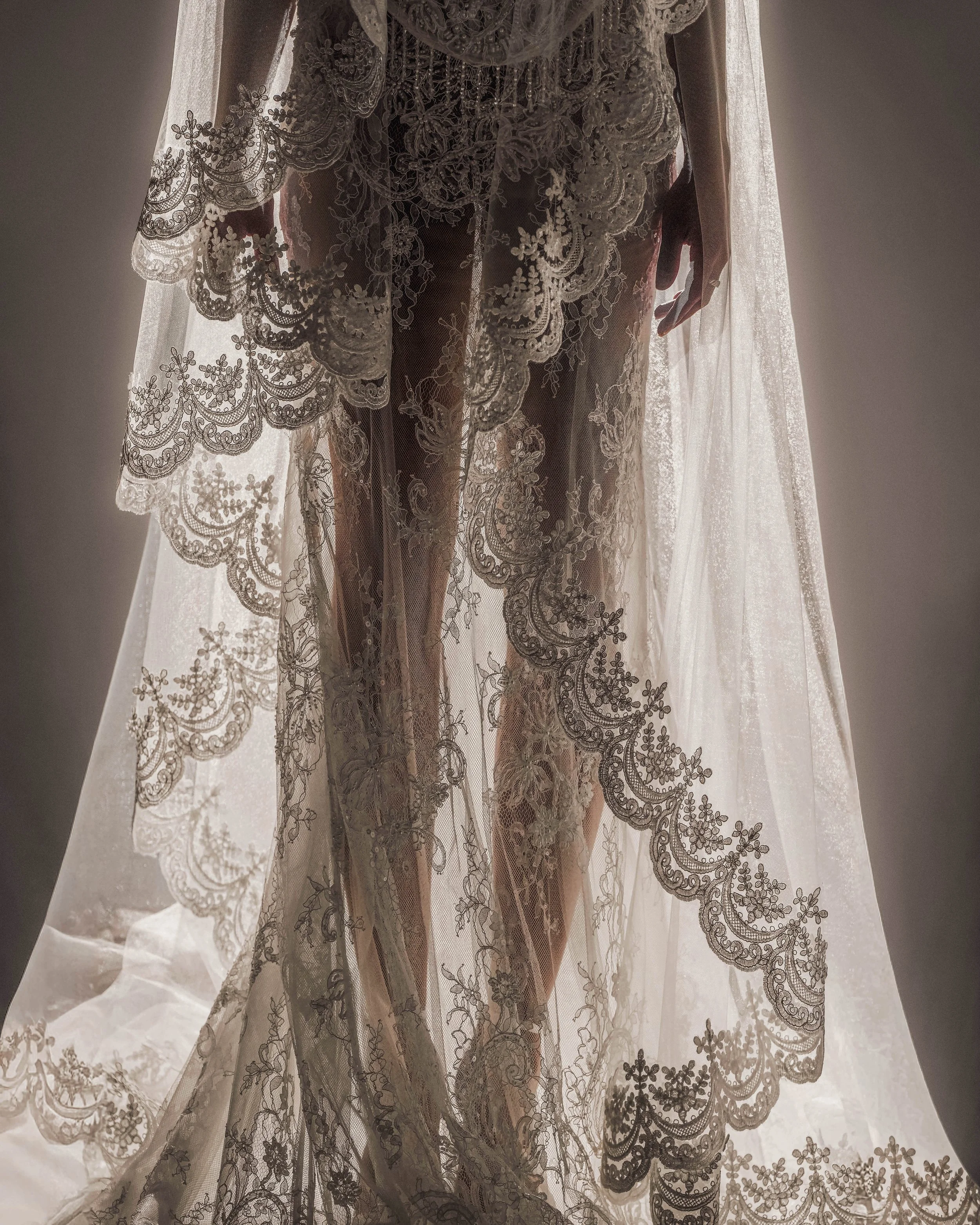 Close-up view of a person standing behind a sheer, lace curtain with intricate floral and scalloped patterns, lit from behind.