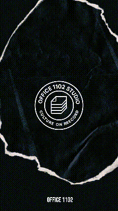 A black background with torn paper edges and a white circular logo in the center that reads 'Office 1102 Studio' and 'Culture on Record' around a stack of books icon.OFFICE1102-Myles Loftin-RASHAAD-DENZEL.gif