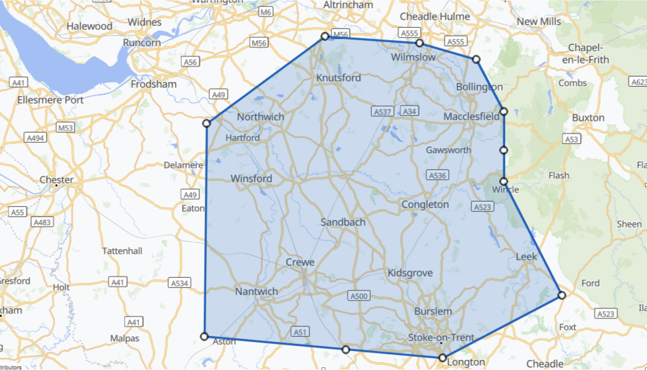 A map of parts of Cheshire and neighboring counties with a blue shaded area covering places like Stoke-on-trent, Nantwich, Sandbach, Holmes Chapel, Congleton, Wilmslow, Knutsford.