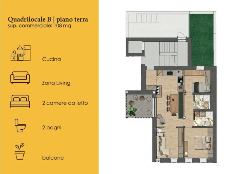 Pianta di un appartamento con cucina, zona living, due camere da letto, due bagni e balcone, con indicazioni del layout e delle aree