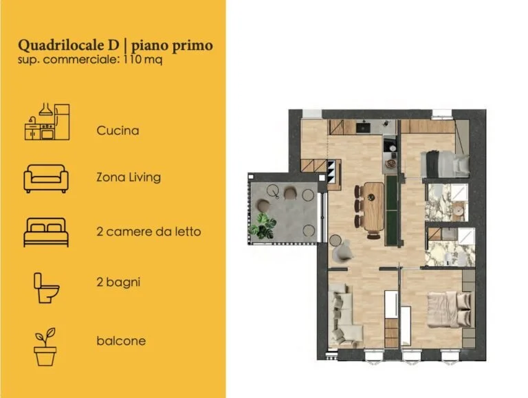 Pianta dell'appartamento quadrilocale D al primo piano con soggiorno, cucina a vista, due camere da letto, due bagni, balcone, e spazio di 110 mq.