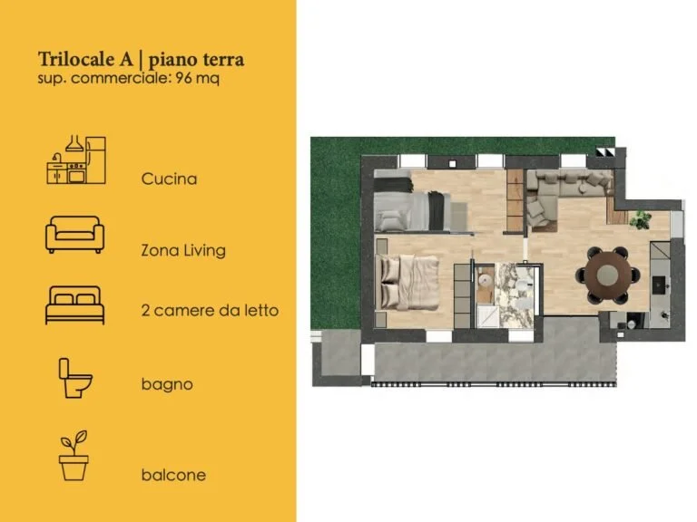 Piantina di un appartamento al piano terra con due camere da letto, soggiorno, cucina, bagno, balcone e area giardino esterna.