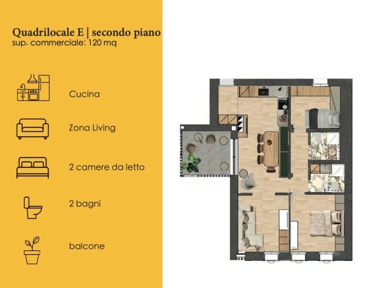Planimetria di un appartamento quadrilocale E al secondo piano con area commerciale di 120 mq, inclusivo di cucina, zona living, due camere da letto, due bagni e un balcone.