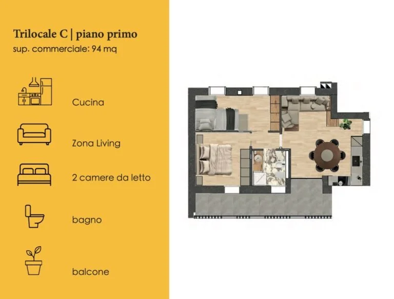 Pianta di un appartamento trilocale al primo piano con soggiorno, cucina, due camere da letto, bagno e balcone, con legenda in italiano.