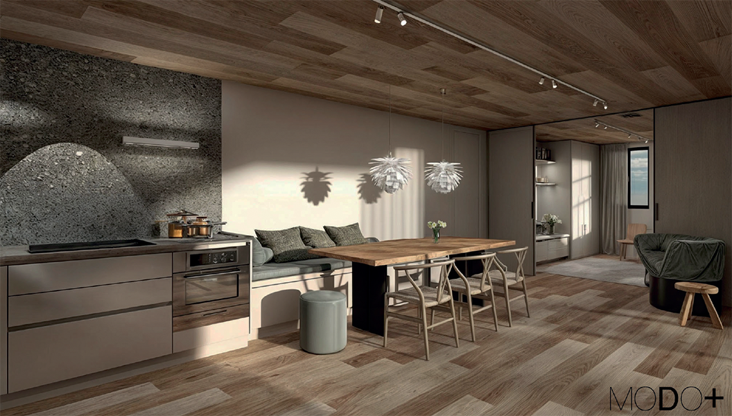 Interno di una sala da pranzo e soggiorno con pareti in cemento e legno, tavolo in legno con sedie e divano, lampade di design e arredamento minimale.