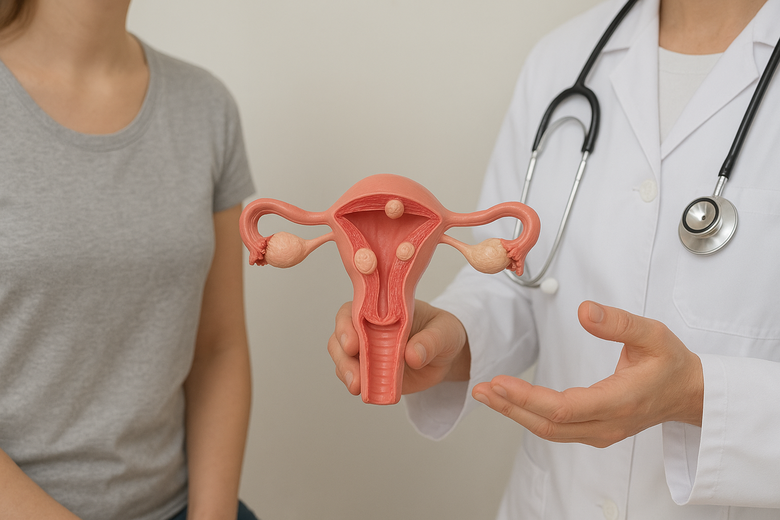 Ärztin hält ein Modell des weiblichen Fortpflanzungstrakts, während eine Patientin daneben steht.