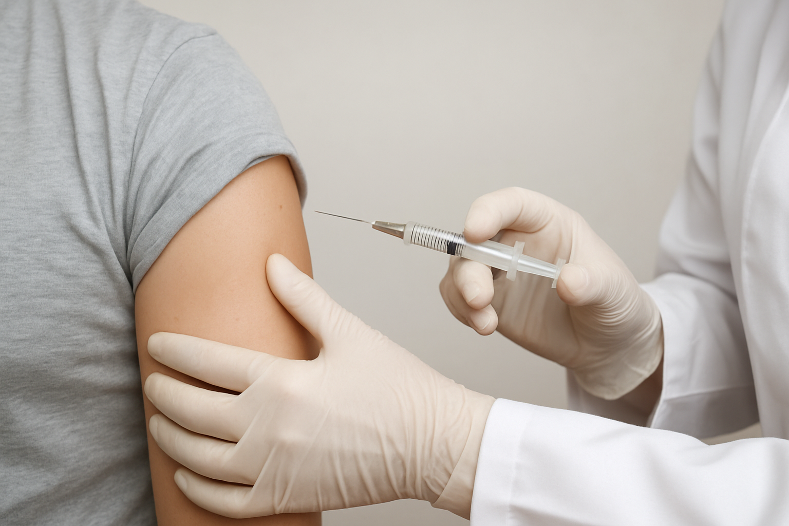 Arzt verabreicht eine Impfung in den Oberarm einer Person.
