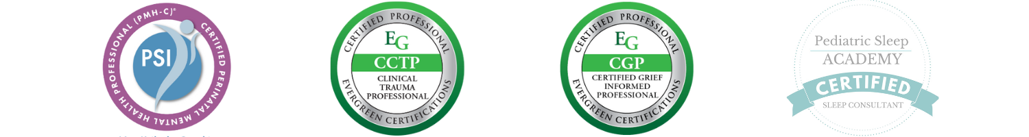 Images of various certification logos related to sleep and trauma professional credentials, including PSI, EG CCTP, EG CG, and Pediatric Sleep Academy Certified Sleep Consultant.