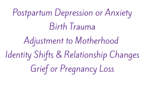 Text listing mental health and emotional challenges related to motherhood, including postpartum depression, birth trauma, identity shifts, grief, and pregnancy loss.