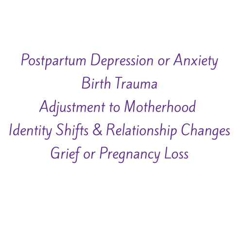 Text list of emotional and psychological challenges related to motherhood, including postpartum depression, anxiety, birth trauma, identity shifts, relationship changes, and grief or pregnancy loss, in purple font on black background.
