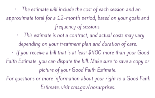 Text-based informational content about cost estimates and billing disputes for treatment plans, including instructions for saving and disputing bills and a contact link for questions.