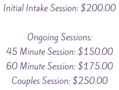 Text listing prices for initial and ongoing sessions, including 45-minute, 60-minute, and couples sessions with respective costs.