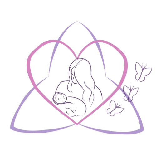 Line art illustration of a woman holding a cat, surrounded by butterfly outlines, within overlapping hearts.