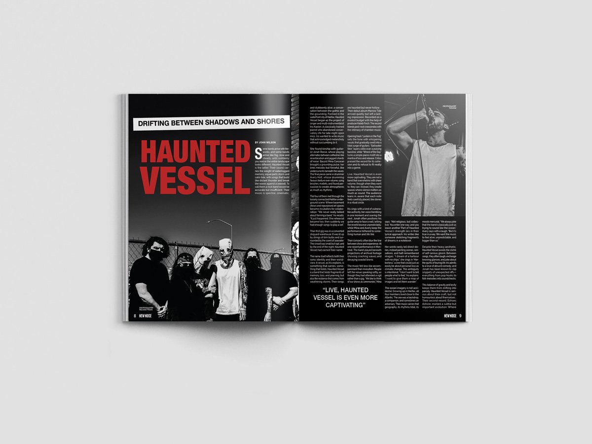 Left page, band photo covers the entire page. Haunted Vessel in bold red text with the subheading on top and start of article of the right side of the title. Right page, photo of singer of the top right, article written through the page and a quote.