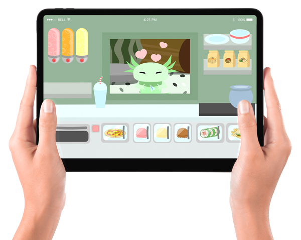 Axolotl's Culinary game play in a tablet being held.