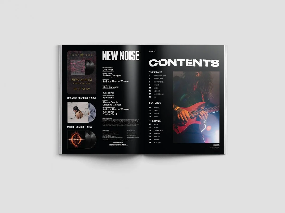 Credit page on the right with three ads places on the left. The right page, contents page showing all page numbers and titles.