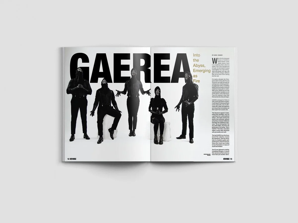 Start of the main cover story, double spread intro. Left page, three band members pose for the camera with half of the band name covers the top. Continuous to the right page with the rest of the band photo, name and start of story.