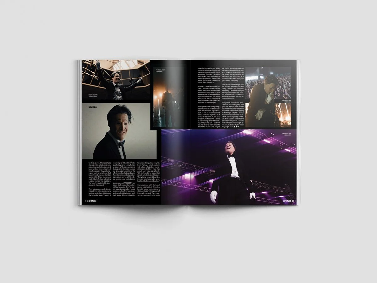 Left page, three photos of the President band singer and guitarists take up over half of the top page. Right page, continues article image of concert and singer of the right and bottom of page.