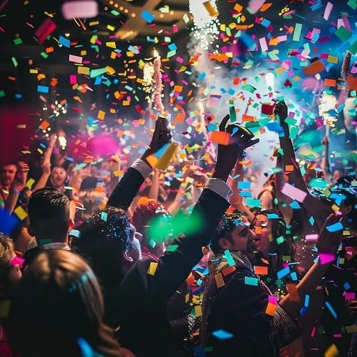 Crowd of people at a celebration or party with colorful confetti and streamers in the air.