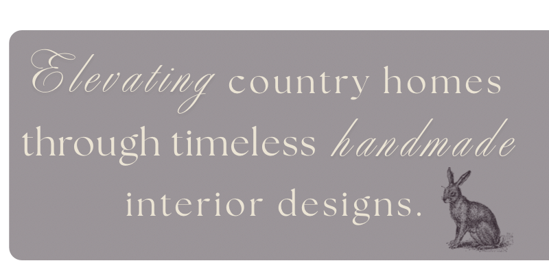 Text reading 'Elevating country homes through timeless handmade interior designs' on a dark background.