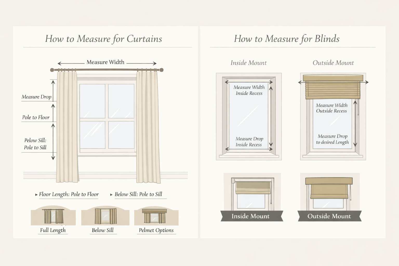 A detailed diagram explaining how to measure for curtains and blinds. The left side shows measuring for curtains, including width, drop, pole to floor, pole to sill, and below sill options. The right side shows measurement instructions for blinds, including inside mount and outside mount methods with diagrams and measurement steps.