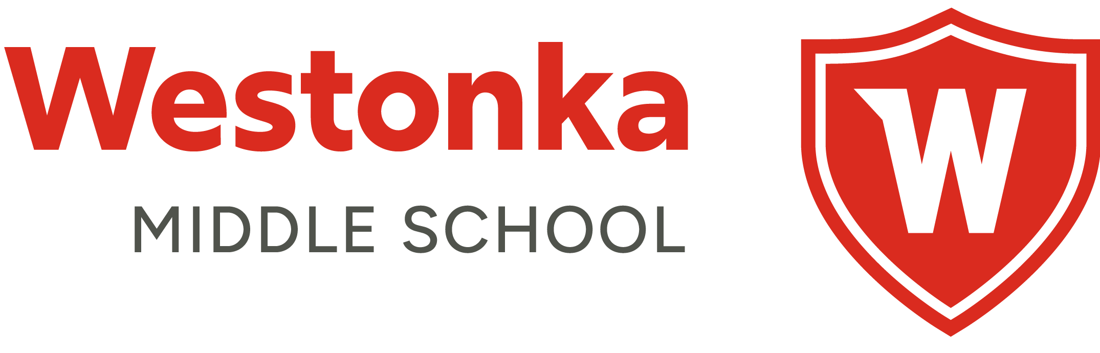 Westonka Middle School logo with red and white shield and a large white 'W' inside, and the school name in red and gray text.