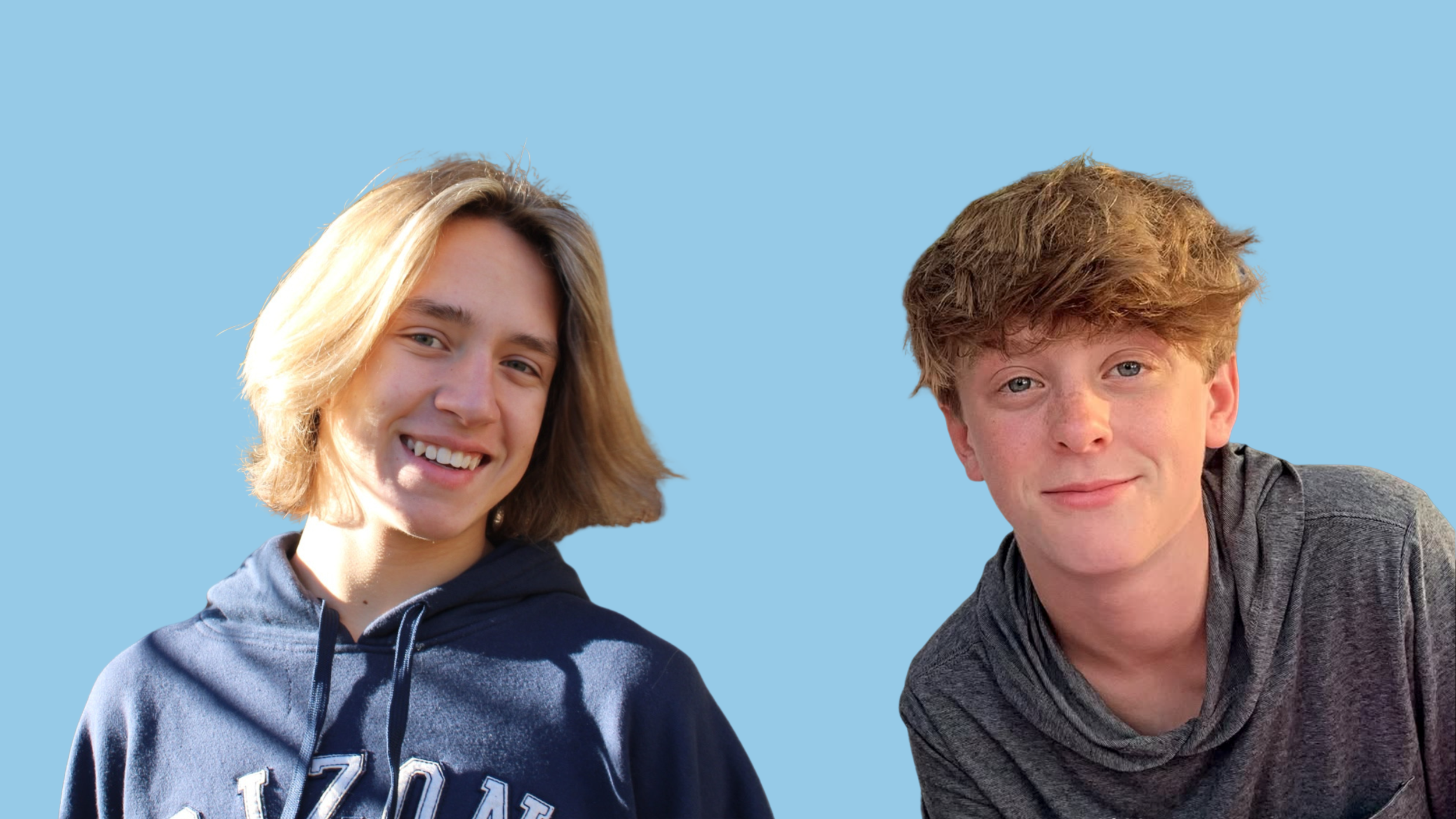 Two teenagers with smiling faces, one girl with shoulder-length blond hair wearing a navy hoodie, and one boy with curly red hair wearing a gray hooded shirt, against a light blue background.