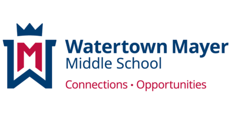 Watertown Mayer Middle School logo with a shied emblem featuring a letter M and a crown, along with the text "Watertown Mayer Middle School," and the words "Connections" and "Opportunities" underneath.