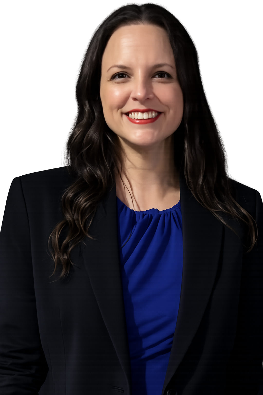 A woman with long, wavy brown hair smiling, wearing a black blazer and a blue blouse, against a background with neon-like lines.