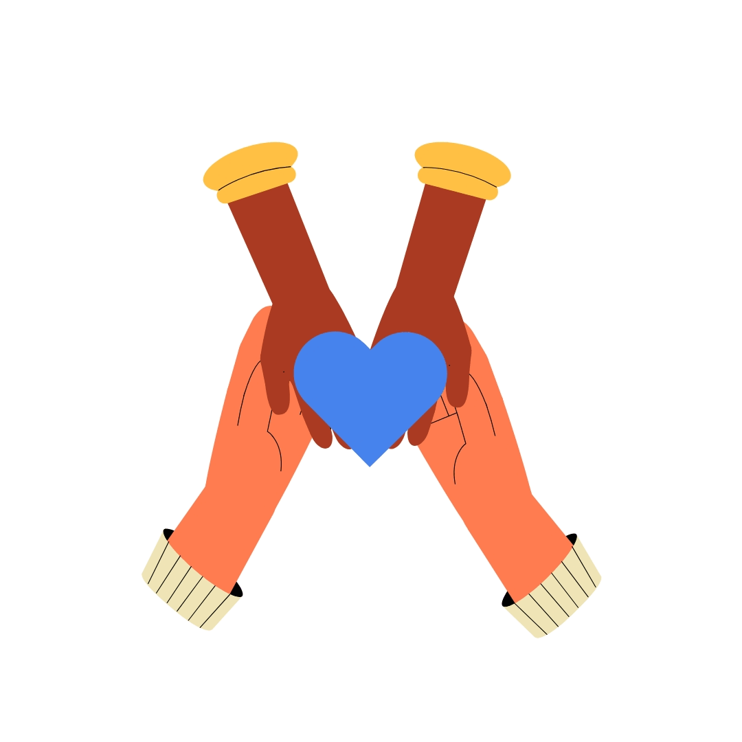 Two hands, one darker and one lighter, holding a blue heart together against a white background.