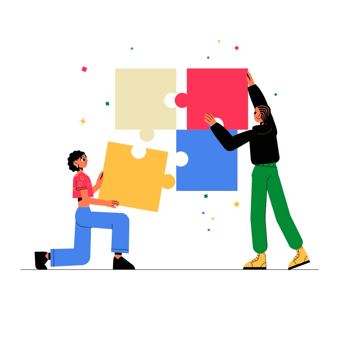 Two women are working together to assemble a colorful jigsaw puzzle, with one woman kneeling and the other standing.