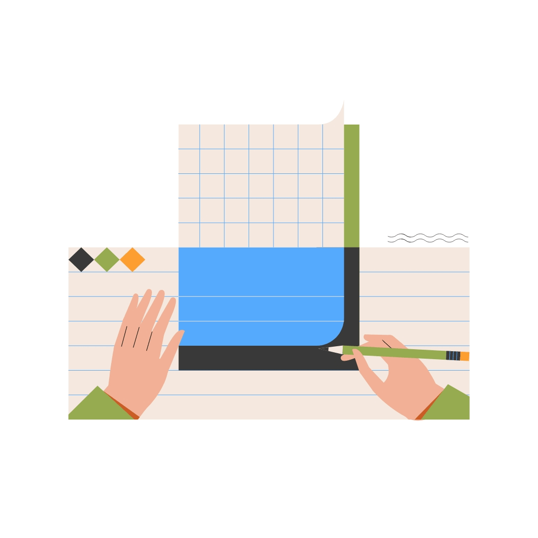 Person writing or drawing in a notebook with a pencil on a lined notebook paper with colored pens nearby.