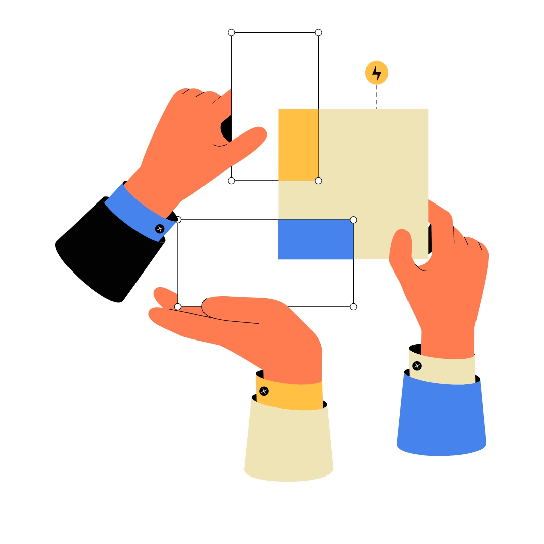 Illustration of hands assembling or adjusting colorful geometric shapes on a transparent grid, with a lightning bolt icon indicating power or energy.
