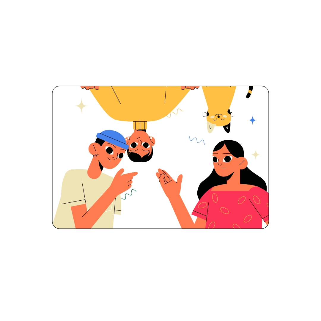 Two people, a man wearing a blue cap and a woman in a red patterned shirt, looking up at a hanging yellow lantern with a cat and a person inside.