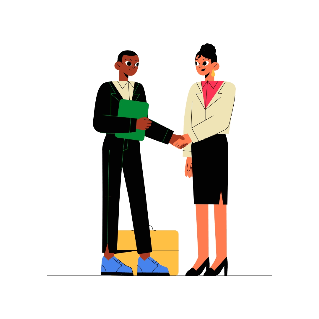 Two women shaking hands, one holding a green folder, in business attire.