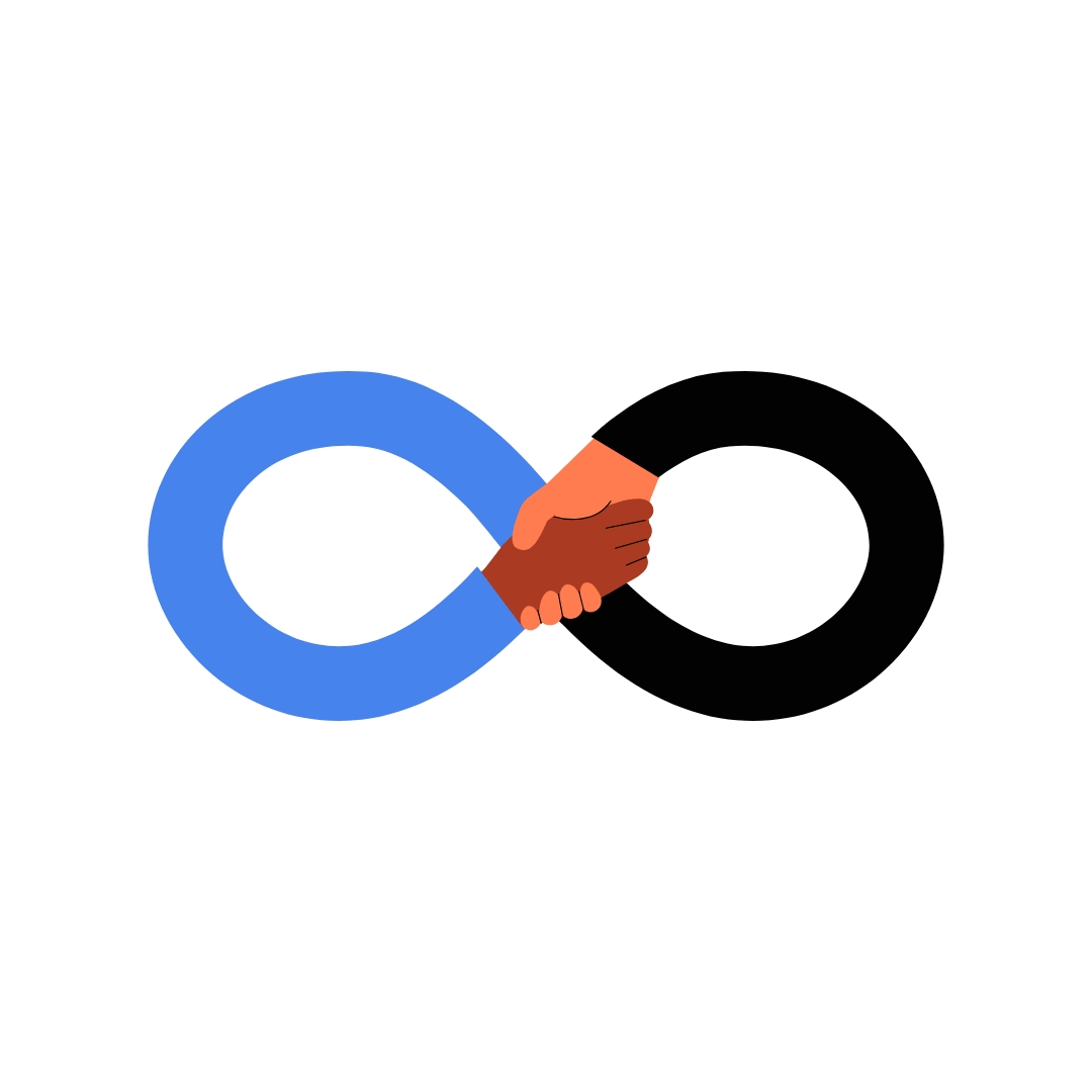 Graphic of two hands, one with dark skin and one with light skin, shaking hands inside an infinity symbol, representing unity and collaboration.