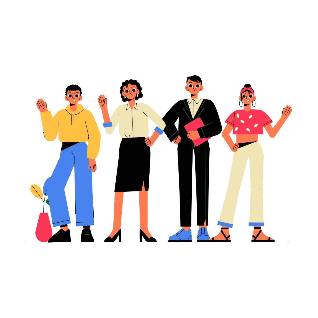 Illustration of four diverse young adults standing together, waving and smiling, with casual and stylish clothing.