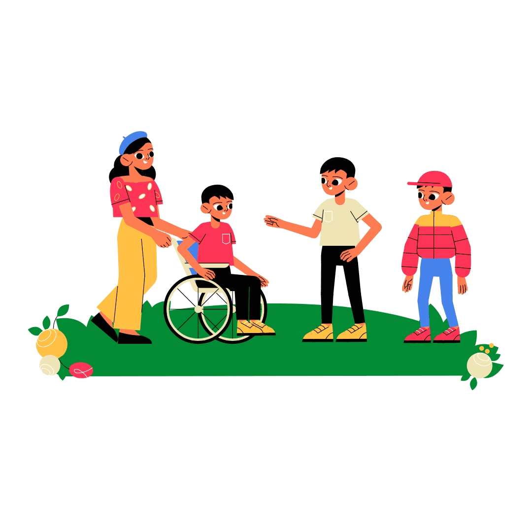 A woman in a yellow pants and pink top helping a boy in a wheelchair, with two other boys standing nearby on a grassy area decorated with flowers.