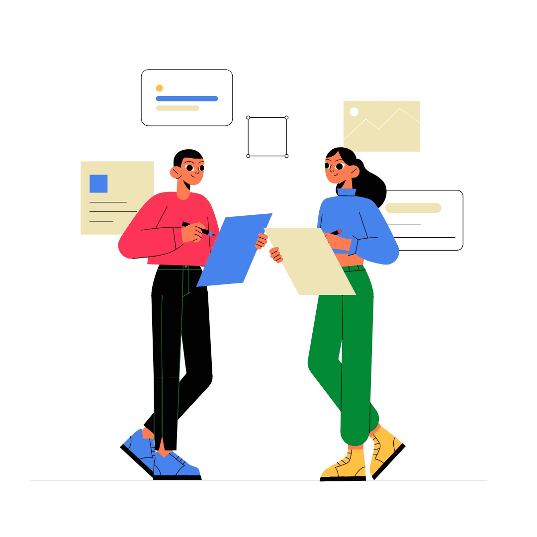Two women holding clipboards and discussing in a digital office space, with charts and graphs floating around them.