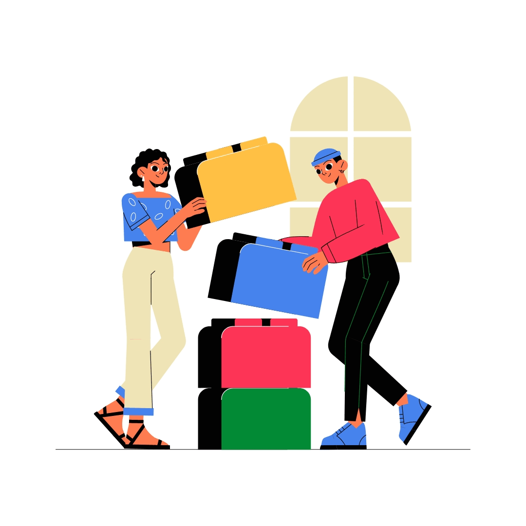 Two women handling colorful suitcases inside a room with a window.