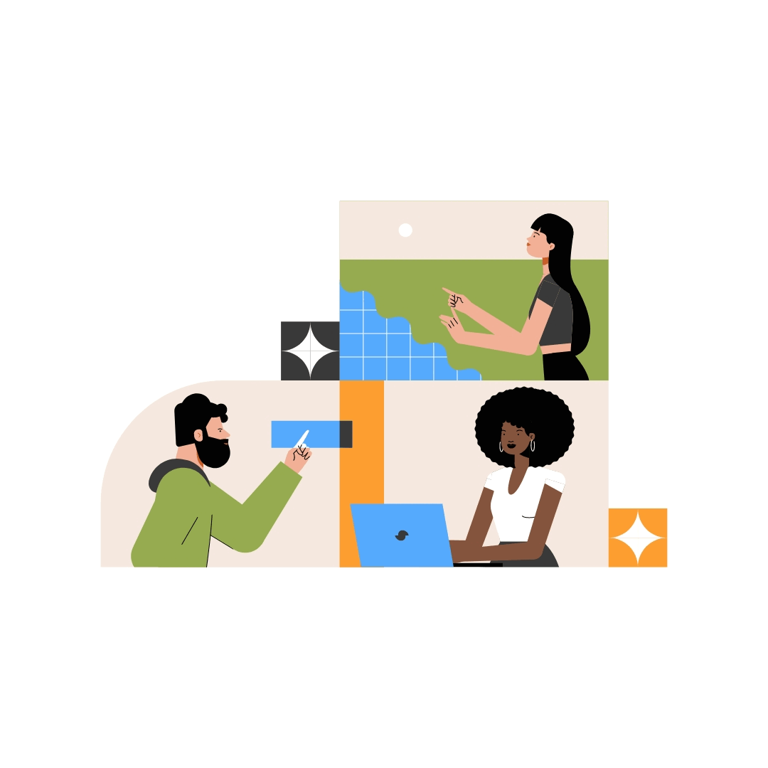 Illustration of three diverse people collaborating, with a woman pointing at a chart, a man holding a pen and a woman working on a laptop, surrounded by abstract shapes and colors.