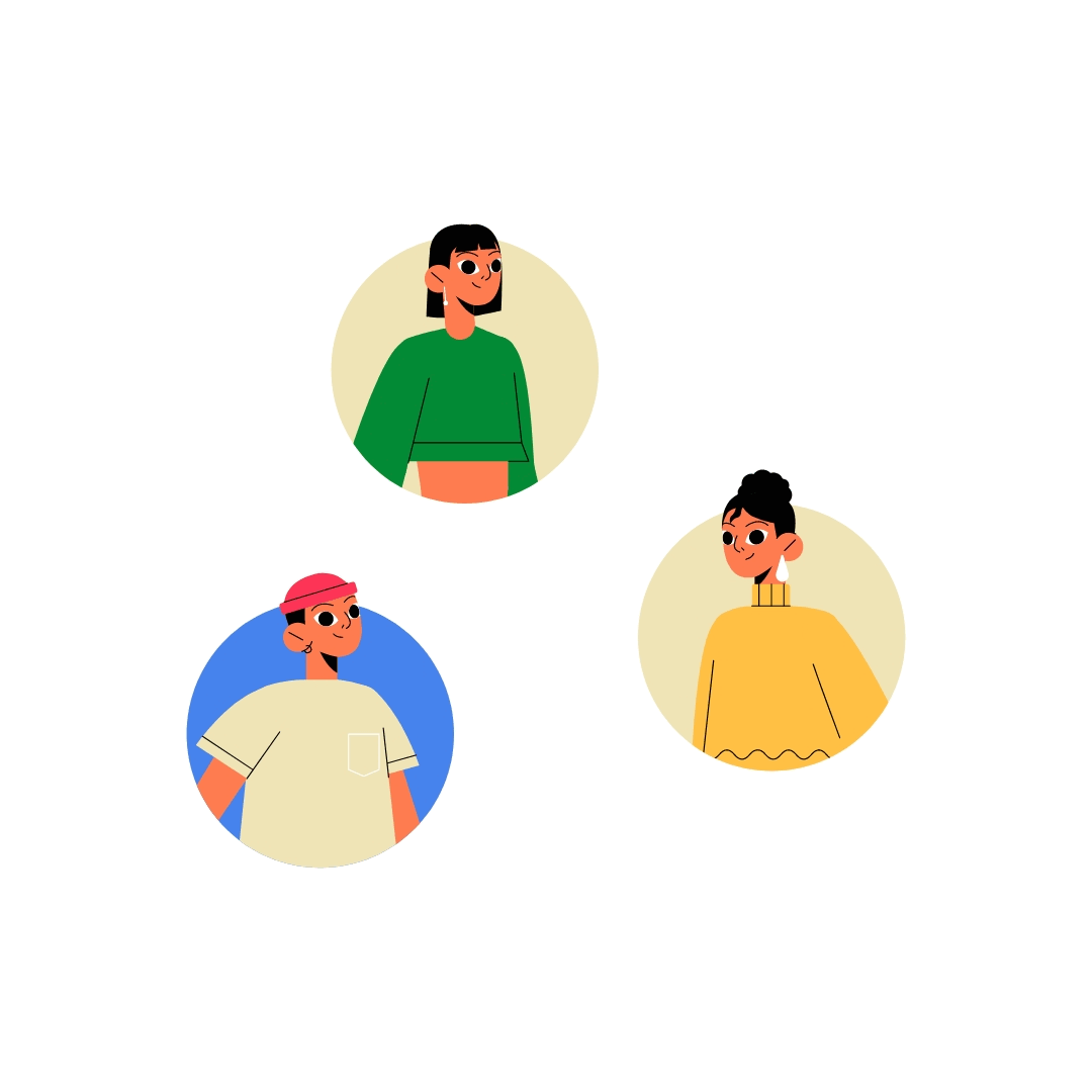 Illustration of three diverse women in circular frames on a white background