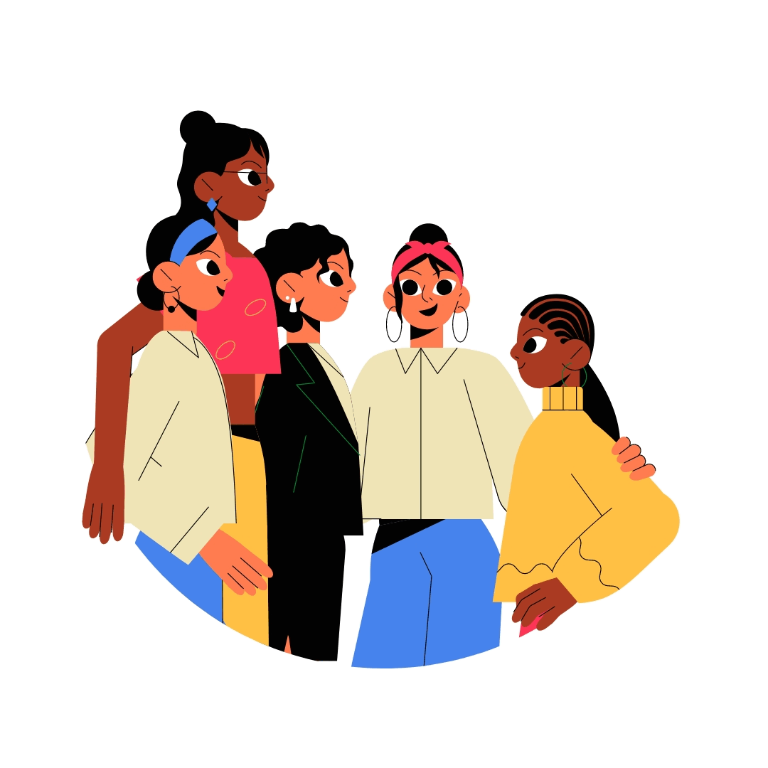 Illustration of five women standing close together, dressed in casual and stylish clothing with diverse hairstyles and accessories.